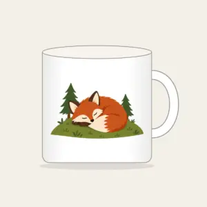 Sleeping Fox on the Hill Mug in white: A rust-colored fox curled asleep on a green hill with two tiny pines.
