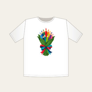 Pencil Bouquet T-Shirt in white: Colored pencils gathered like a bouquet in a green leaf wrapping with a red, teal and navy ribbon.