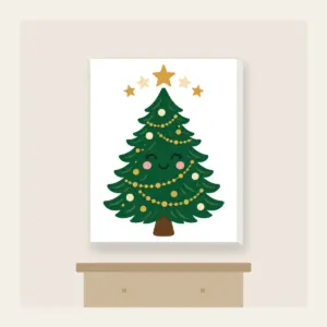 Little Pine and Five Stars Canvas Print in white: A friendly stylised pine tree with five small stars above it in cream and gold.