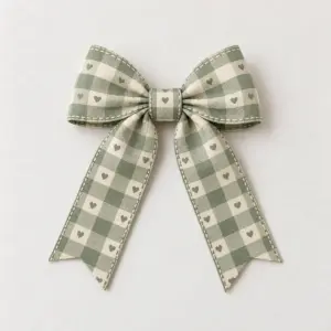 Dotted Gingham Decorative Bow with printed bow pattern of two-tone gingham check in sage and cream with tiny hearts and edge stitching lines