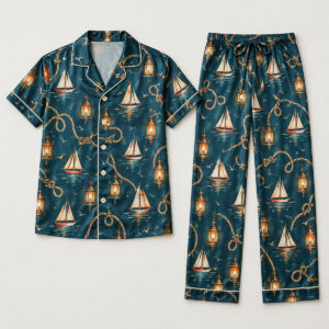 Short-sleeve satin pajama top and long trousers printed with harbour lanterns on teal