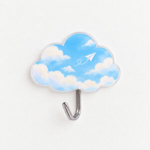 Paper Plane Cloud Adhesive Hook with a cloud-shaped plate printed with a pale blue sky gradient and a tiny paper plane
