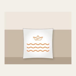 Paper Boat on Ripples Pillow in white: A folded paper boat on three ripple lines in white and orange.