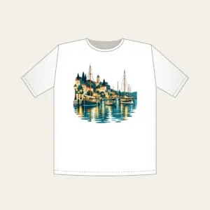 Harbour Lanterns and Masts T-Shirt in white: Harbour lanterns, masts and ripples in teal, amber and cream.