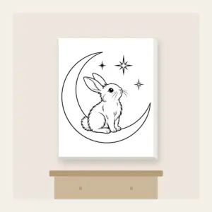 Line-Art Rabbit on a Crescent Moon Canvas Print in white: A white line-art rabbit sitting on a crescent moon with three stars.