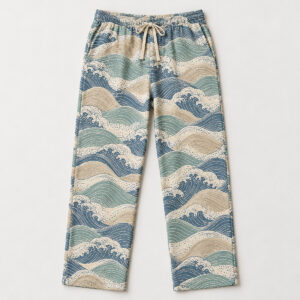 Loose pajama pants printed with overlapping slate and sea-glass wave bands