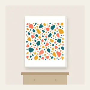 Coral, Teal and Mustard Terrazzo Pebbles Canvas Print in white: All-over terrazzo pebbles in coral, teal and mustard on a cream ground with clear breathing room.