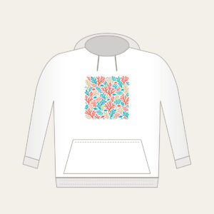Coral Branch and Fish Scale Mosaic Hoodie in white: An all-over mosaic of coral branches and small fish scales in coral, turquoise and sand.