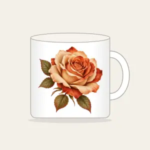 Single Desert Rose Mug in white: One large rose in sand and rust tones with a few leaves.