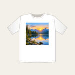 Quiet Lake at Sunrise with Pines T-Shirt in white: A calm lake at sunrise with a pine shoreline, edged by a thin white border.