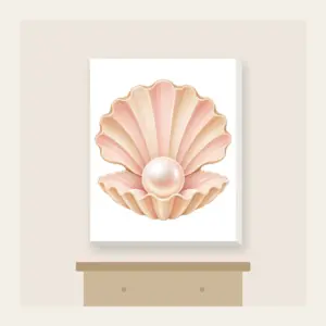 Scallop Shell Holding a Pearl Canvas Print in white: A scallop shell holds a single pearl in blush and sand tones.