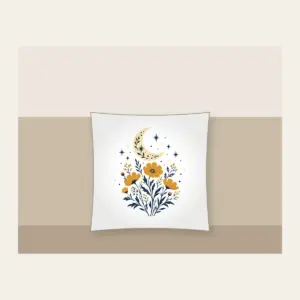 Crescent Moon over Ochre Wildflowers Pillow in white: A crescent moon floats over ochre wildflowers and pale star dots on a cream and navy illustration.