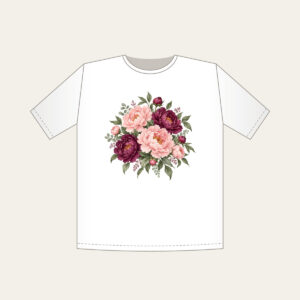 Blush and Plum Peony Clusters T-Shirt in white: Full peony clusters in blush, plum and sage drift across the artwork in an all-over pattern.