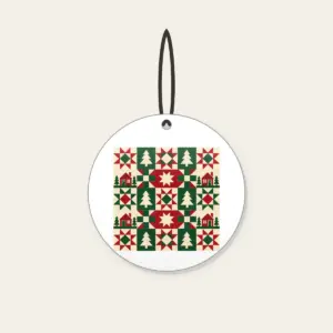 Cabin, Tree and Star Patchwork Ceramic Ornament in white: Patchwork squares hold simple cabin, tree and star motifs in red, cream and green.
