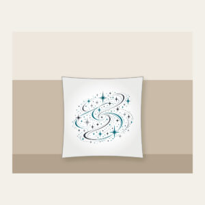 Charcoal Night Trail of Stars and Paths Pillow in white: An all-over pattern of stars and path lines in charcoal, silver and teal.