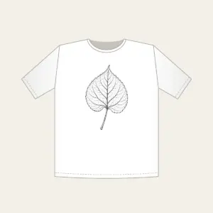 Single Leaf Study in Black Line Art T-Shirt in white: A single leaf and stem in fine black line art, edged with a thin border.