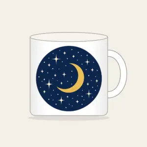 Midnight Stars and Golden Crescent Moon Mug in white: A midnight-blue field with small cream stars and a gold crescent moon.