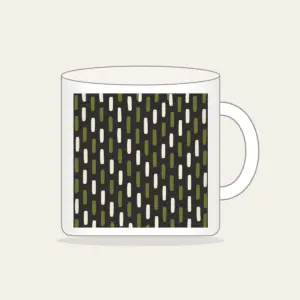 Staggered Olive Dashes on Charcoal Mug in white: Short olive and cream dashes in a staggered rhythm on charcoal.