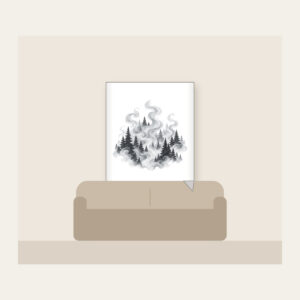 Campfire Smoke Curls Through Pines Fleece Blanket in white: Wisps of smoke curl upward between dark pine silhouettes in muted greys.