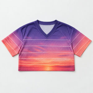 Neon Dusk Mesh Crop Football Jersey with a dusk gradient from violet to coral with thin white horizon stripes
