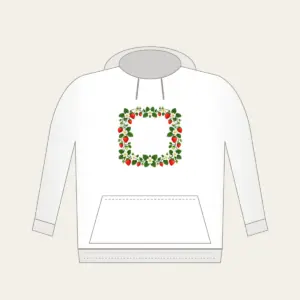 Strawberry and Blossom Border Hoodie in white: A border of strawberries and blossoms in red, cream and green surrounds a plain center.