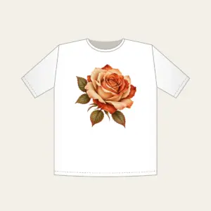 Single Desert Rose T-Shirt in white: One large rose in sand and rust tones with a few leaves.