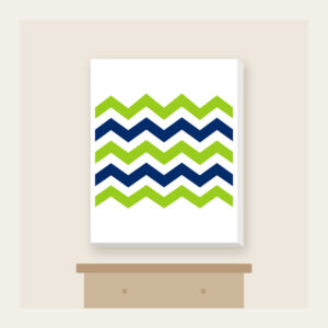 Lime and Navy Zigzag Bands Canvas Print in white: Bold zigzag bands in lime, white and navy sweep across the artwork.
