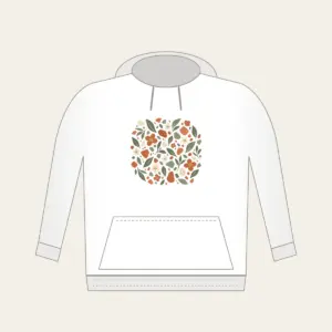 Garden Terrazzo of Leaves and Blossoms Hoodie in white: An all-over terrazzo of leaves, pebbles and blossoms in terracotta, sage and cream.