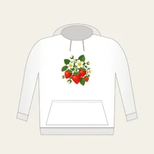 Strawberry Cluster with Blossoms Hoodie in white: A cluster of ripe strawberries with white blossoms and tiny leaves in red, green and cream.