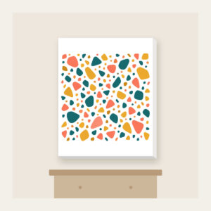 Coral, Teal and Mustard Terrazzo Pebbles Canvas Print in white: All-over terrazzo pebbles in coral, teal and mustard on a cream ground with clear breathing room.