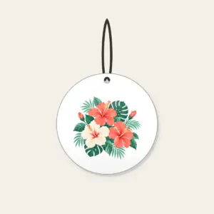 Hibiscus Sorbet Tropical Blooms Ceramic Ornament in white: Hibiscus flowers and leaves in coral, mint and cream.