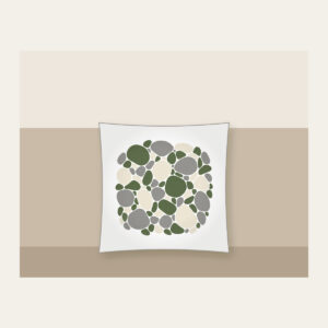 River Stones in Moss and Grey Pillow in white: Smooth river stones in moss green, grey and cream are traced with fine white outlines.