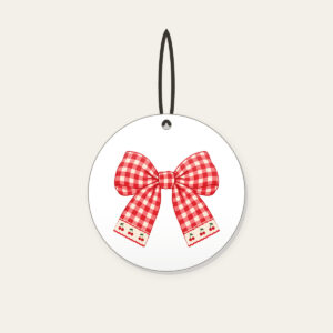 Red Gingham with Cherry Accents Ceramic Ornament in white: Red and cream gingham with tiny cherry motifs.