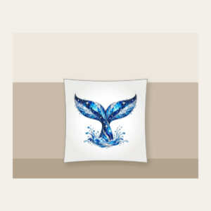 Whale Tail with Prismatic Shimmer Pillow in white: A whale tail in blue and silver with tiny stars and a prismatic broken-glass shimmer.