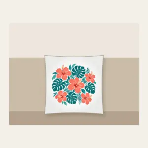 Coral Hibiscus and Monstera Leaves Pillow in white: Coral hibiscus flowers and teal monstera leaves repeat across a cream ground.