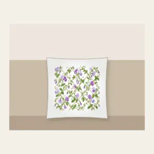 Sweet Peas Climbing a Lattice Pillow in white: Sweet peas climb an all-over lattice in lilac and green on cream.