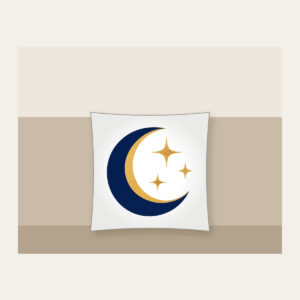Golden Crescent and Three Stars Pillow in white: A gold crescent moon and three small stars sit on deep navy.