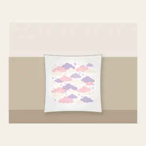 Lilac Cloud Rows Pillow in white: Rows of clouds in lilac, blush and cream with small stars between.