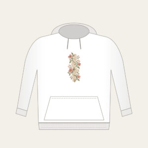 Cable Pattern Twined with Little Flowers Hoodie in white: A flat cable pattern entwined with small flowers in oatmeal, sage and rose.