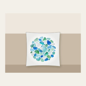 Sea-Glass Pebbles in Blues and Greens Pillow in white: Rounded sea-glass pebbles in pale blues, greens and frosted white.