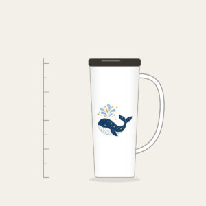 Starry Whale with Water Spout Tumbler with Handle in white: A friendly whale lifts a spout of water among tiny white and gold stars.