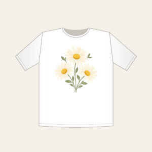 Three Daisies in Butter Yellow T-Shirt in white: Three daisies with tiny leaves in cream, butter yellow and sage.