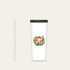 Red Toadstool Trio with Curling Ferns Tumbler in white: Three red-capped mushrooms with curling ferns in cream, red and moss green.