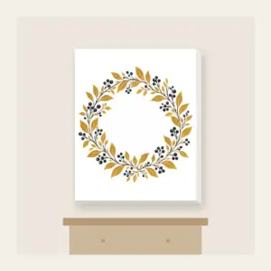 Gold Botanical Leaf and Berry Wreath Canvas Print in white: A fine botanical wreath of leaves and berries drawn in dark lines on a gold ground.