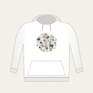 Beach Pebbles and Tiny Shells Hoodie in white: Pebbles and tiny shells in sand, slate and white are scattered across the artwork.