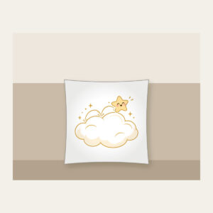 Little Star Hopping on a Cloud Pillow in white: A little star hops across a cloud in white, cream and gold.