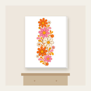 Retro Daisy Rows in Orange and Pink Canvas Print in white: Retro daisies climb upward in orange, pink and cream.