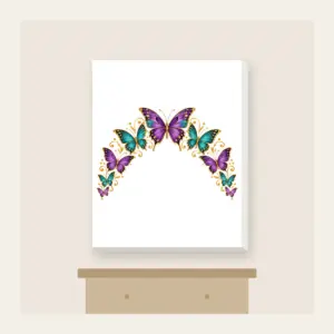 Butterflies Arching Along the Edge Canvas Print in white: Violet, teal and gold butterflies arch along a curved edge.