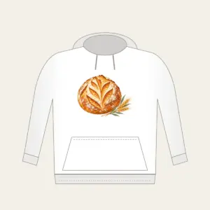 Sourdough Loaf and Wheat Sprig Hoodie in white: A round scored sourdough loaf with a small wheat sprig in golden brown, cream and sage.