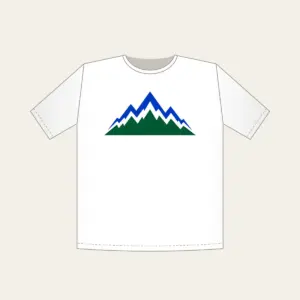 Cobalt Zigzag Mountain Peaks T-Shirt in white: Zigzag mountain peaks in cobalt and white over a deep green base.